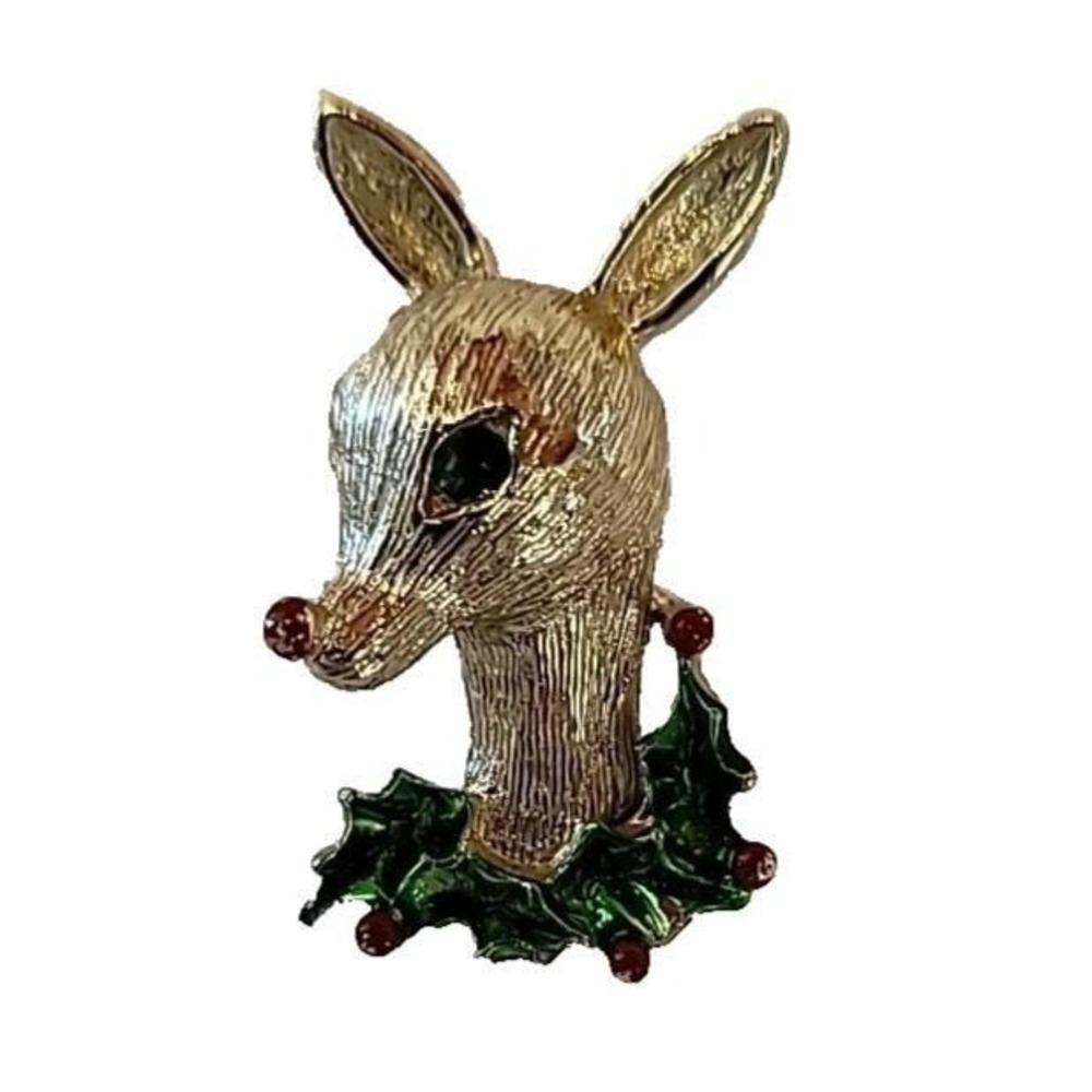 Gerrys Vintage Christmas Rhinestone Gold Reindeer Holly Brooch Pin Enamel Signed
